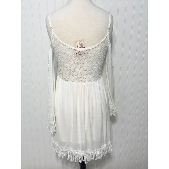 Raga Haley Dress Cold Shoulder Sheer Lace Frayed Mini Gypsy White Cutout Small - Picture 5 of 16